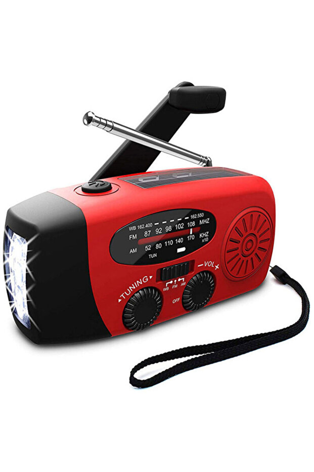 Hand-crank NOAA AM/FM emergency radio red.