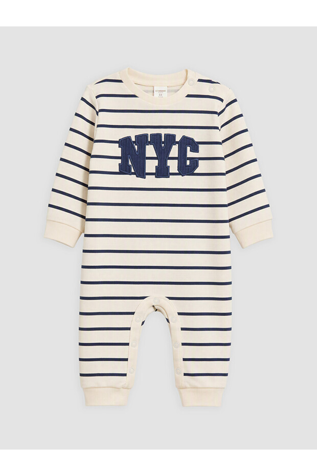 Ecru Crew Neck Striped Baby Boy 2 Thread Jumpsuit