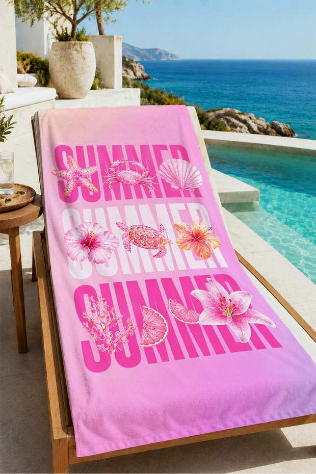 Pop Art Pink Summer Typographic Patterned 70X150 Beach Towel - Digital Printed Bath Towel