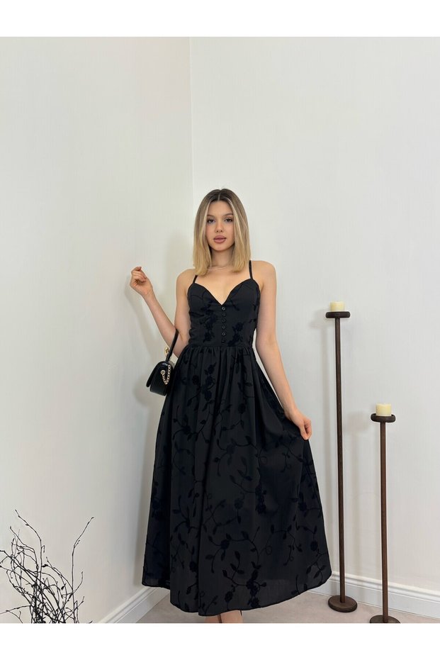 Women's Black Strappy V-Neck Embroidered Tie-Detail Flared Maxi Dress