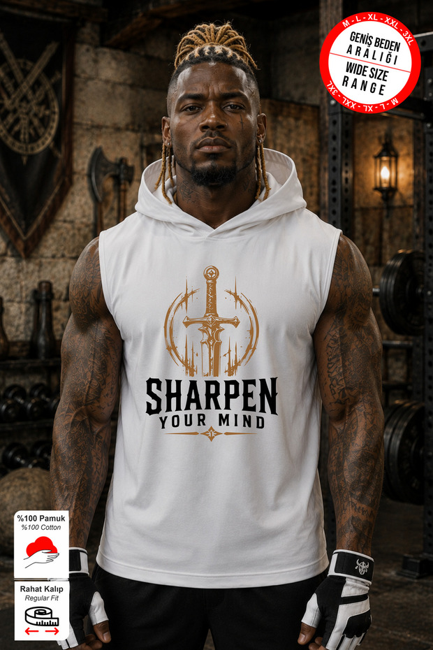 White Sharpen Printed Standard Fit Hooded Sports Athlete Cotton Fabric Sleeveless Men's Athlete Tshirt