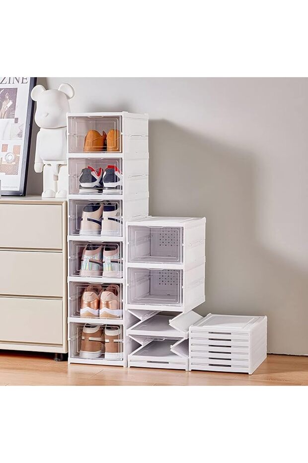 Drop Front Shoe Storage Box, No Assembly Stackable Shoe Organizer Storage Bin with Clear Doo
