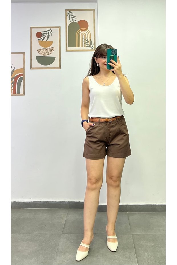 Above-The-Knee Gabardine Shorts with Pocket and Belt Detail