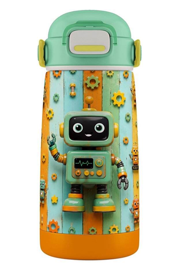420 ml Boy's Green Robot Printed School Water Bottle/Thermos - 60016 - Cute Robots
