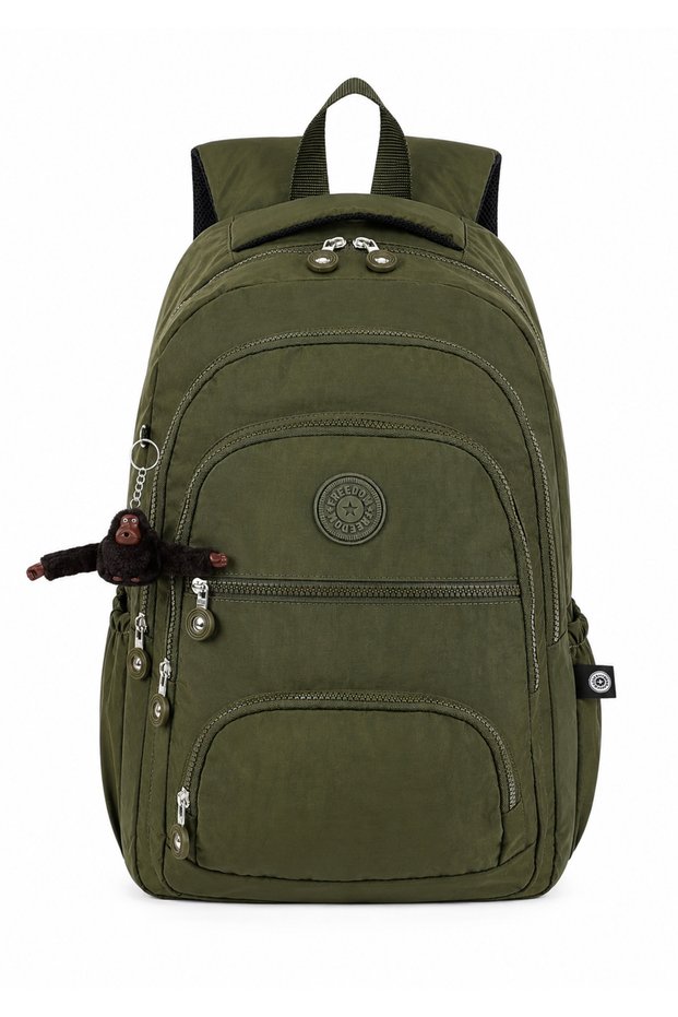 5-Compartment Luxury Crinkle Fabric High School and Middle School Backpack + Monkey Keychain Gift for Women, Men, and Children