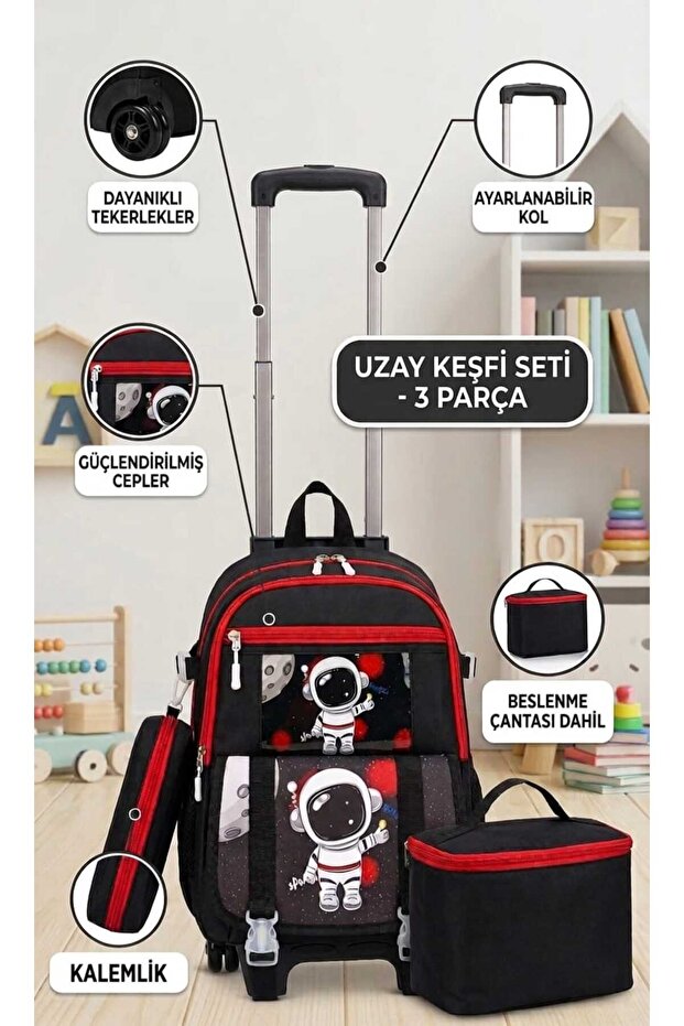 School Bag Set with Trolley, 3-Piece Set with Pencil Case and Lunch Box