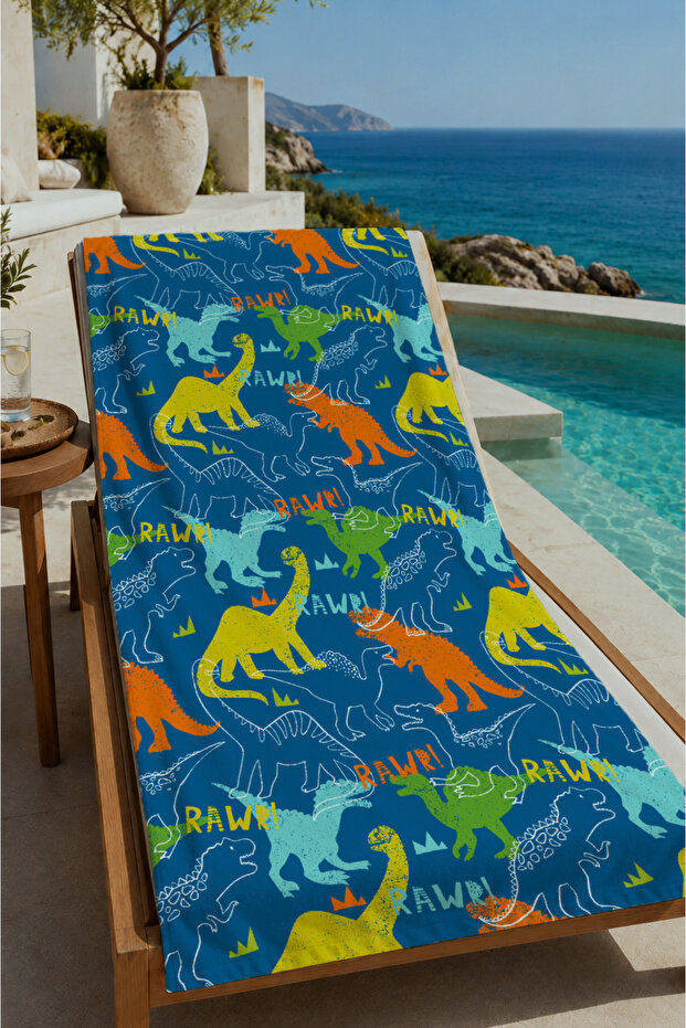 Blue Background Colorful Dinosaur Patterned 70X150 Beach Towel - Digital Printed Fade-Resistant Bath Towel
