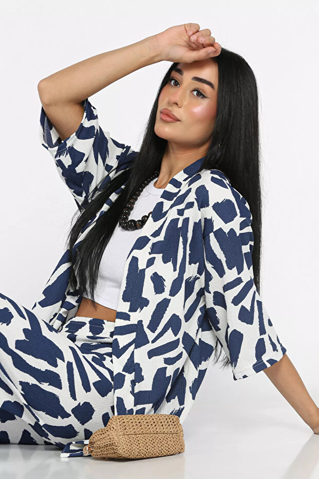 Navy Blue Women's Patterned Kimono Pants Double Set
