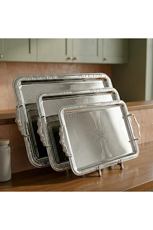 Modern Patterned Steel Tray Set - 3 Pieces - Gold |