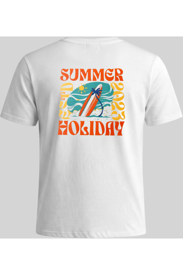 White 100% Cotton T-Shirt with Surfboard and "Summer Holiday" Retro Print Unisex - Surf Vibes
