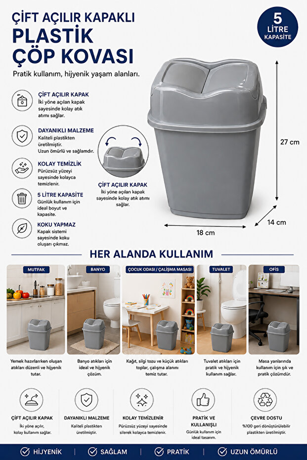 🗑️ 5 Liter Glossy Anthracite Plastic Trash Can | Double Opening Cover | 18X14X27 cm