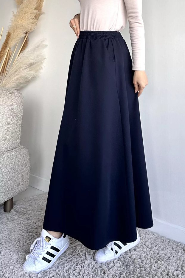 Navy Blue Elastic Waist Pocketed Hijab Skirt