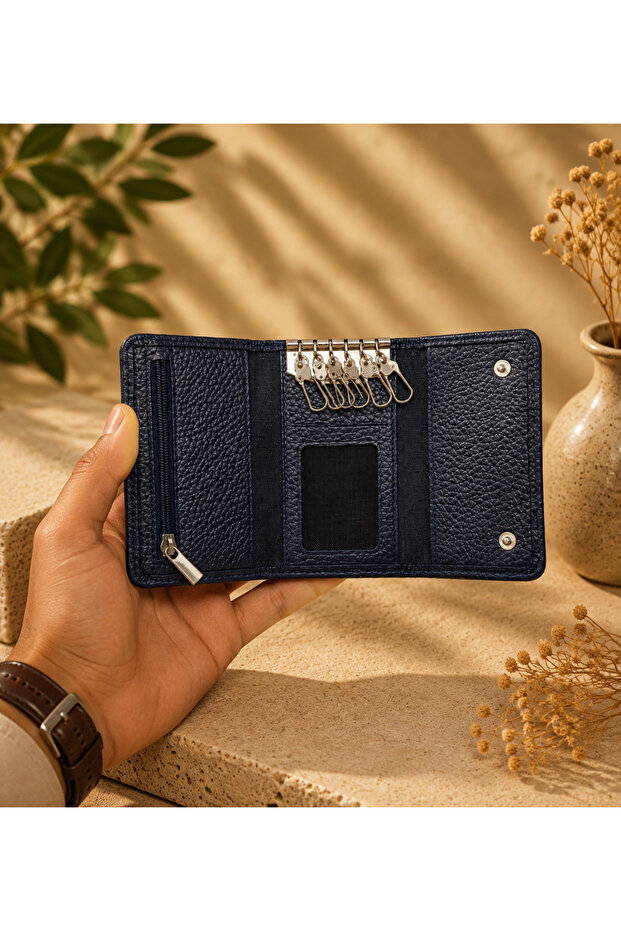 Genuine Leather Keychain 6-Piece Key Organizer Zippered Multi-Compartment Keychain