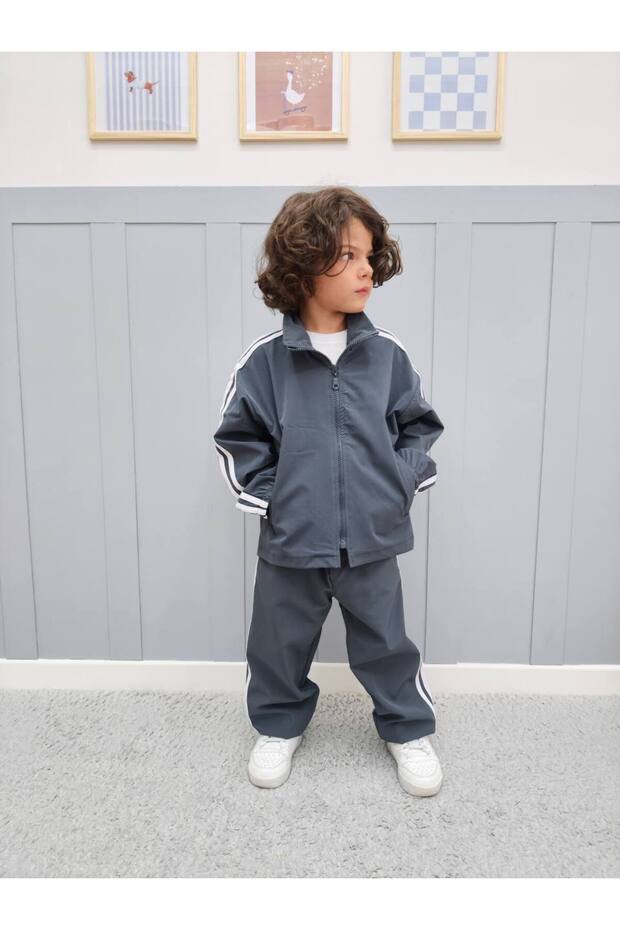 Children's 100% Cotton Compact Combed Parachute Fabric Zippered Tracksuit Set - Side Stripe Detail Bottom and Top Set