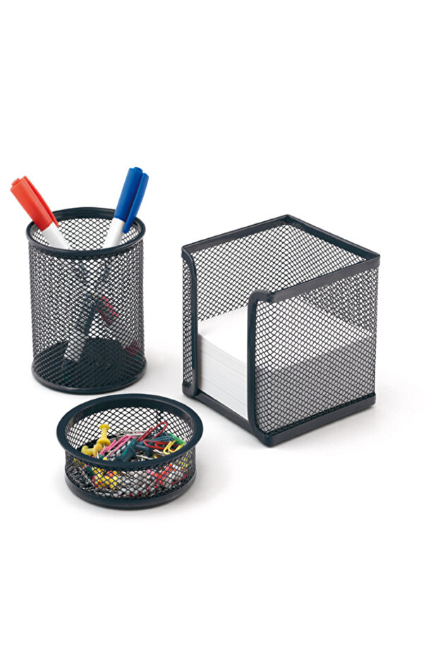 Desk set paperweight-pen holder 3 piece metal perforated black