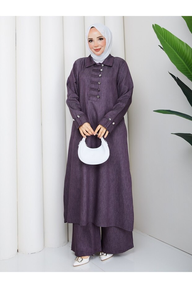 Meleni Women's Button Detailed Long Tunic and Trousers Plus Size Denim Two-Piece Set