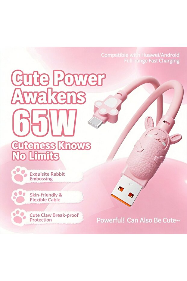 1.5m Pink 65W Cute Rabbit Fast Charging Cable - Pink Skin-friendly USB C Cable, 480Mbps Stable Data