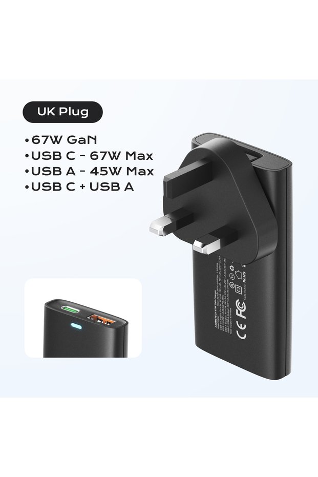 UK Plug Black 67W GaN USB C Fast Charger Quick Charge 4.0 PD3.0 PPS Portable Type C Ultra Thin Charg