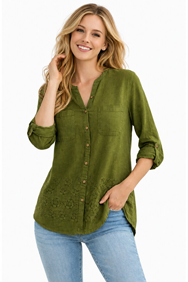 Women's Cotton Long Sleeve Roll‑Up Pocket Shirt 1136