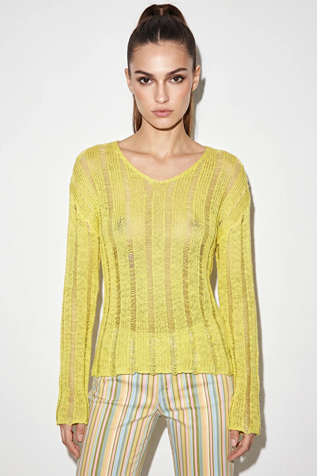 Women's Openwork Casual Mercerized Premium Knitwear Yellow Blouse