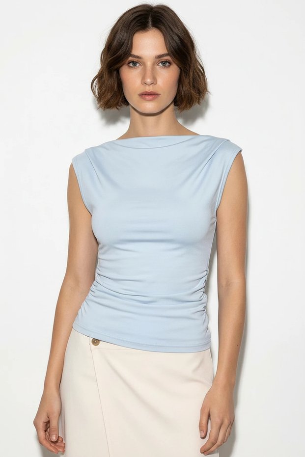 Women's Degaje Collar Lycra Baby Blue Blouse with Side Gather Detail