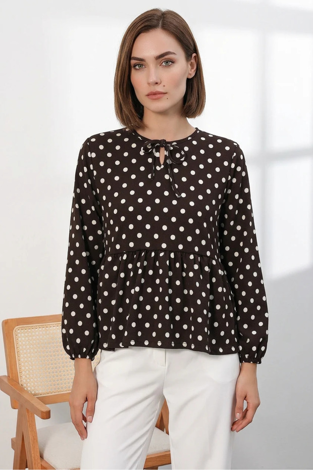 Women's Tie-Neck Waist-Fitted Polka Dot Brown Blouse
