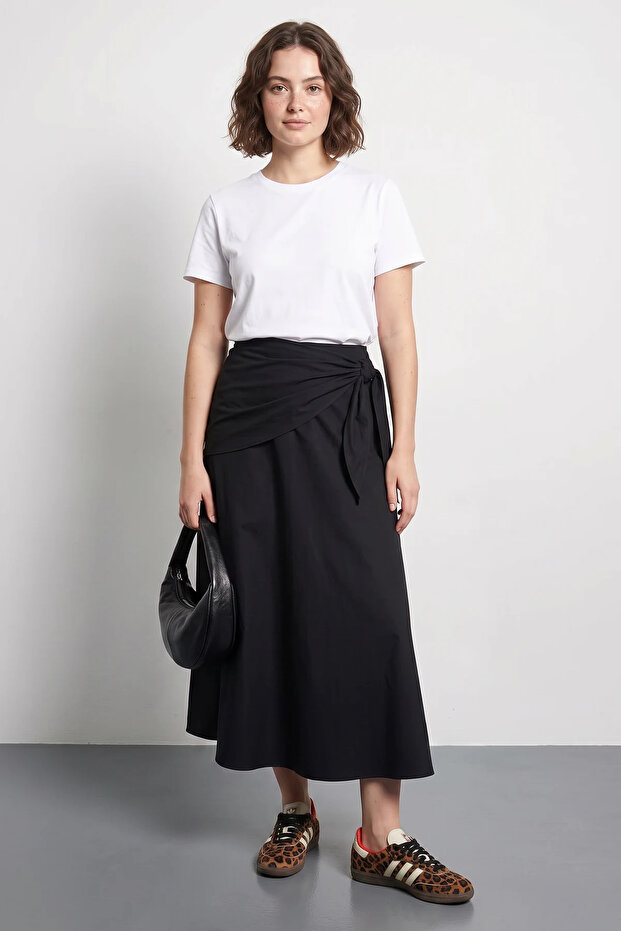 Women's Belted Long Flared Black Skirt