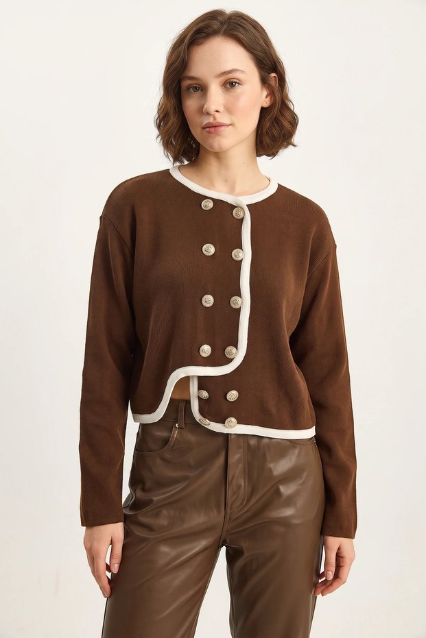 Women's Gold Button Detailed Asymmetrical Cut Knitwear Bitter Brown Cardigan