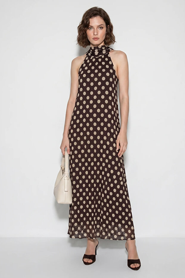 Women's Halter Neck Polka Dot Lined Crush Chiffon Long Bitter Coffee Dress