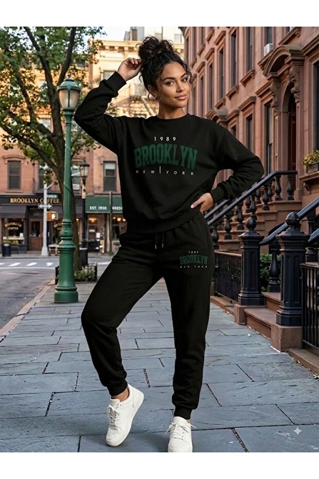 Unisex Brooklyn Printed Crew Neck Sweatshirt Set Oversize