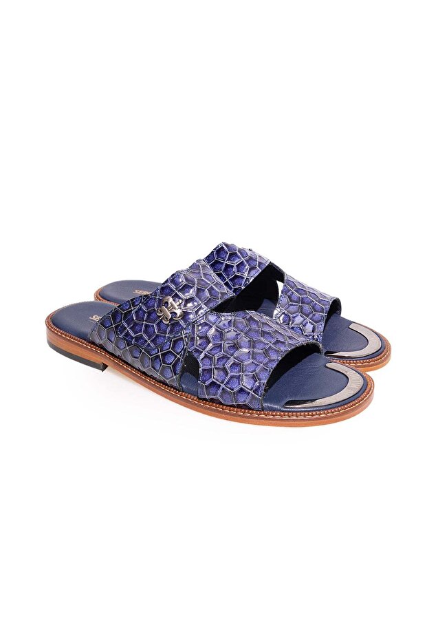 Dark Blue Color Genuine Leather Men's Slippers