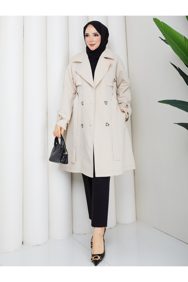 Apolet Detailed Belted Buttoned Pocketed Hijab Trench Coat Rc3145