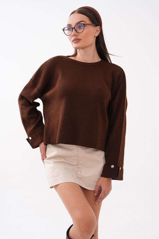 Women's Knitted Loose Sweater with Button Detail on Sleeves 265015 -