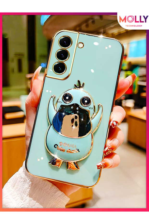 Water Green Cute Duck Stand Edge Gold Detailed Luxury Silicone Case for Samsung Galaxy S21 Fe