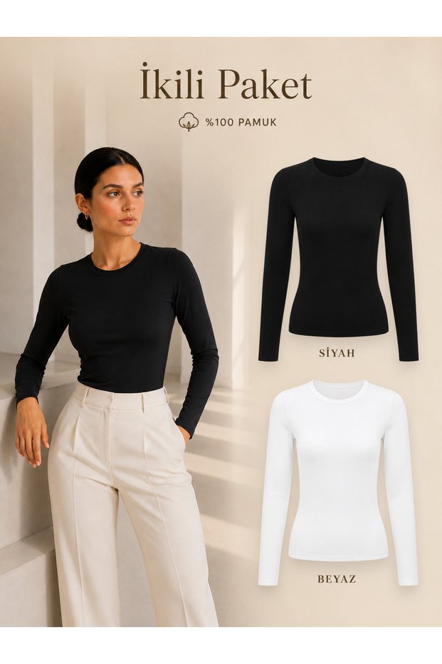 2-Pack Women's Crew Neck Long Sleeve Bodysuit (Black-White)