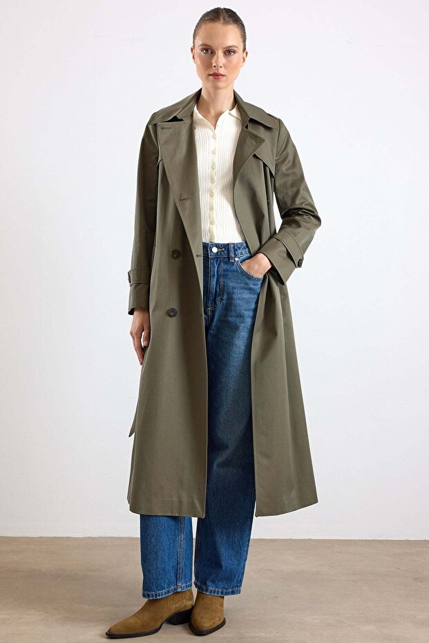 Double-Breasted Trench Coat with Cape Detail and Water-Repellent Feature Haki̇ 6890