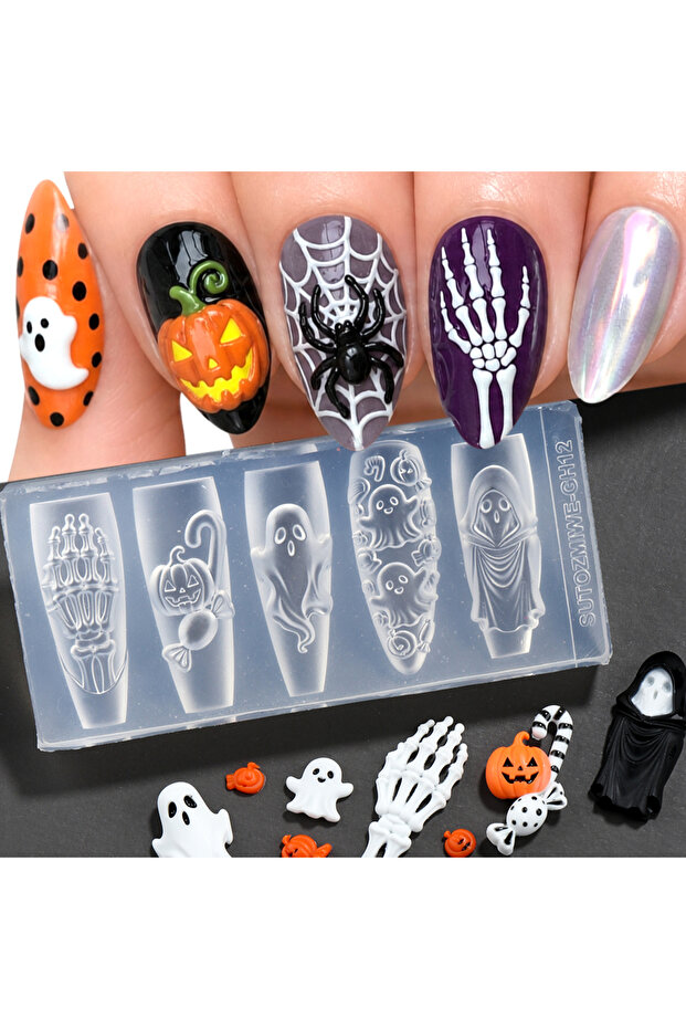 GH-12 Ghost Pumpkin Candy Silicone Nail Art Molds Skeleton Hand Silicone Halloween Nail Mold Nail Ar