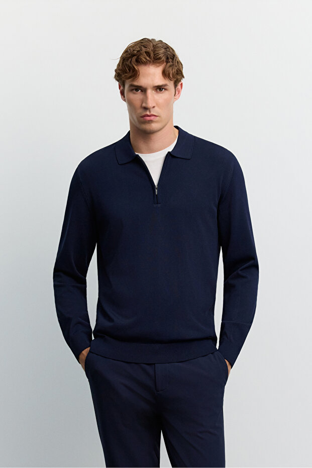 Men's Navy Blue Polo Collar Basic Plain Rayon Sweater B005150