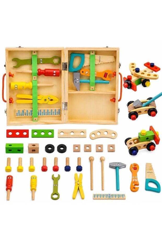 Wooden Kids Tool Box Set, Montessori STEM Construction Toy with Wooden Tools, Screws, Nuts & Carry Case, DIY Pretend Play Educational Building Kit for Boys & Girls Age 3+