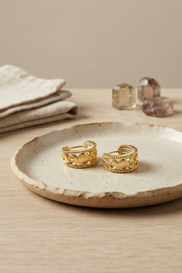 316L Steel Gold Color Coin Figured Earrings with Engraved Edges