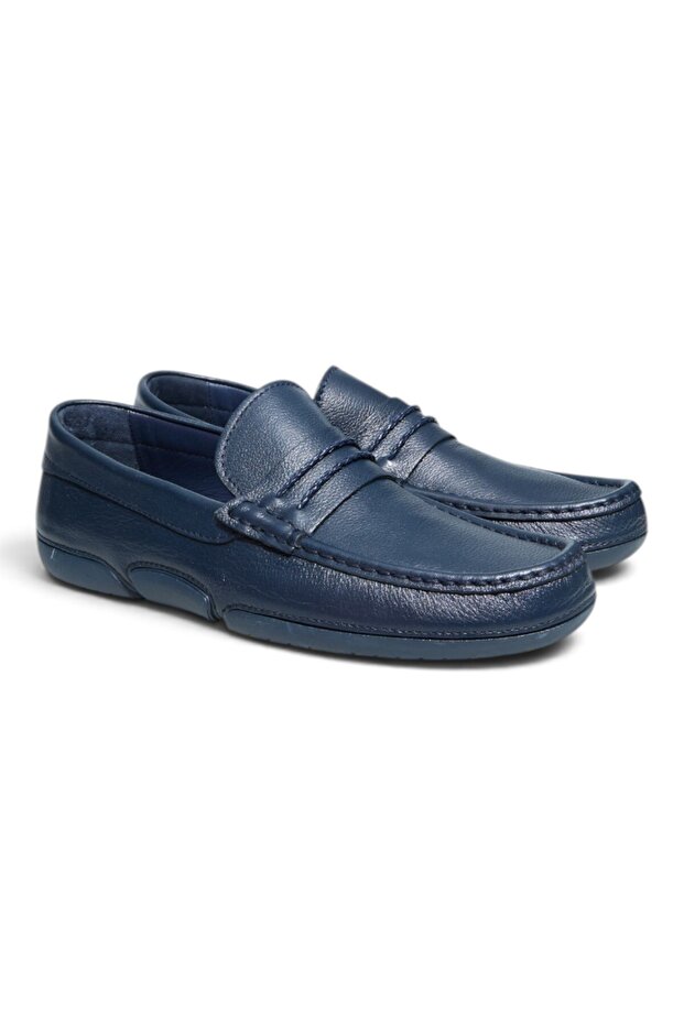Dark Blue Shilingir Dark Blue Color Laceless Genuine Leather Men's Shoes