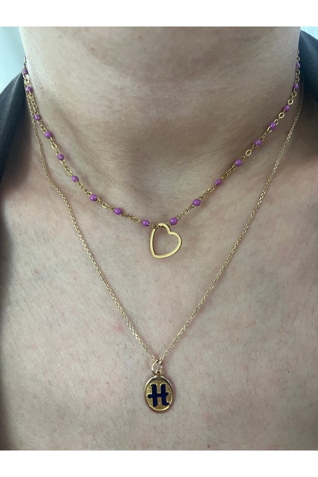 Purple Enamel Steel Chain Heart Necklace