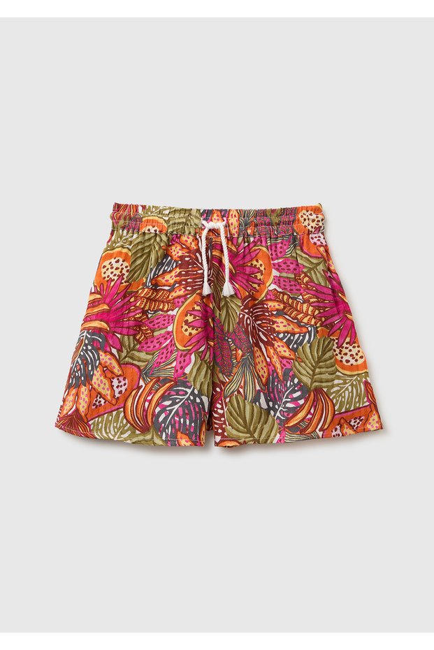 Girl's Orange Mix Print Detailed Flared Cut Bermuda Shorts