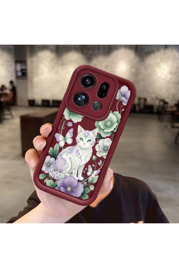 Oppo Find X9 Pro 5g Compatible Case Camera Protective Case with Cat Burgundy Lover Couple Silicone Phone Case