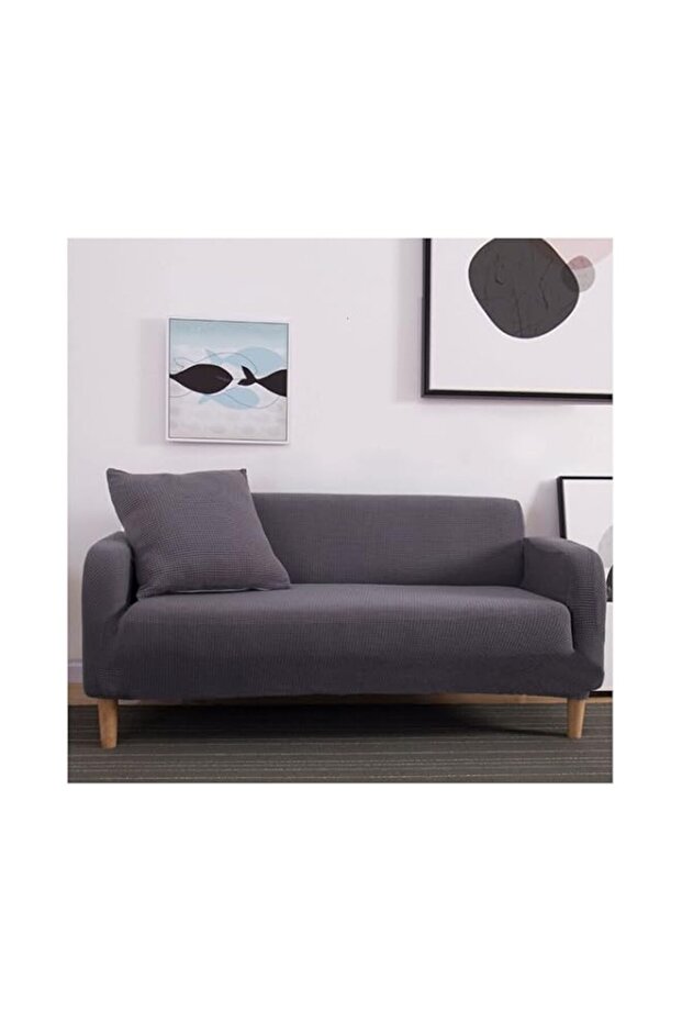 HALAMODO Stretchable Sofa Covers, Modern Sofa Cover Solid Color Grid Pattern Slipcovers for Sofas(Dark Grey)