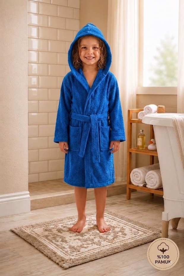 Children's Bathrobe Dark Blue - Plain - 100% Cotton