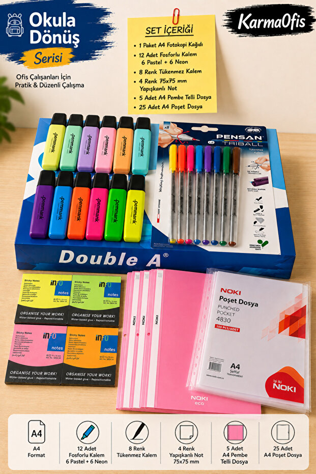 Pink Set Double a A4 Photocopy Paper | 12 Highlighter Pens | 8 Colors Ballpoint Pen | Adhesive Note | Telli Dosya | Pouch File Set