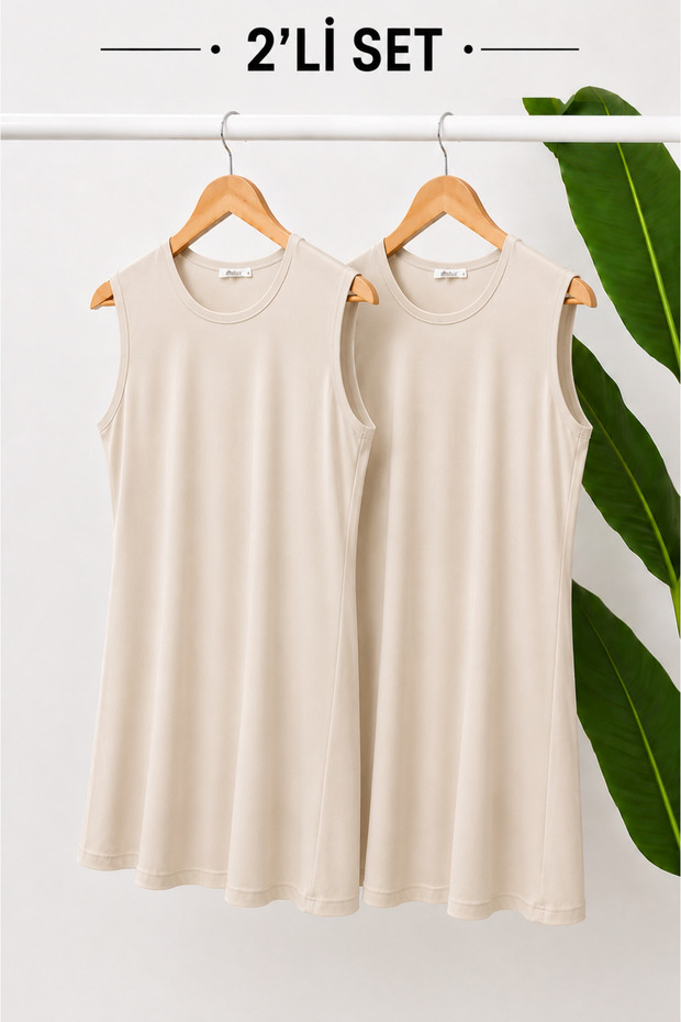 Women's Beige Beige Set of 2 Zero Sleeve Combed Cotton Underwear Tunics