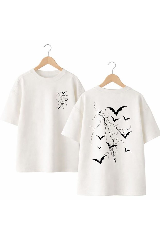 Bat Vein Printed Back and Front Chest 100% Cotton Oversize Loose Regular Fit Crew Neck T-Shirt