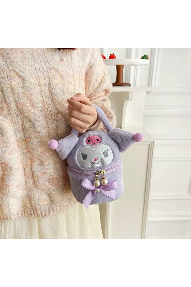 Cute Cat Kuromii Patterned Purple Plush Handbag Makeup Bag Zippered Organizer